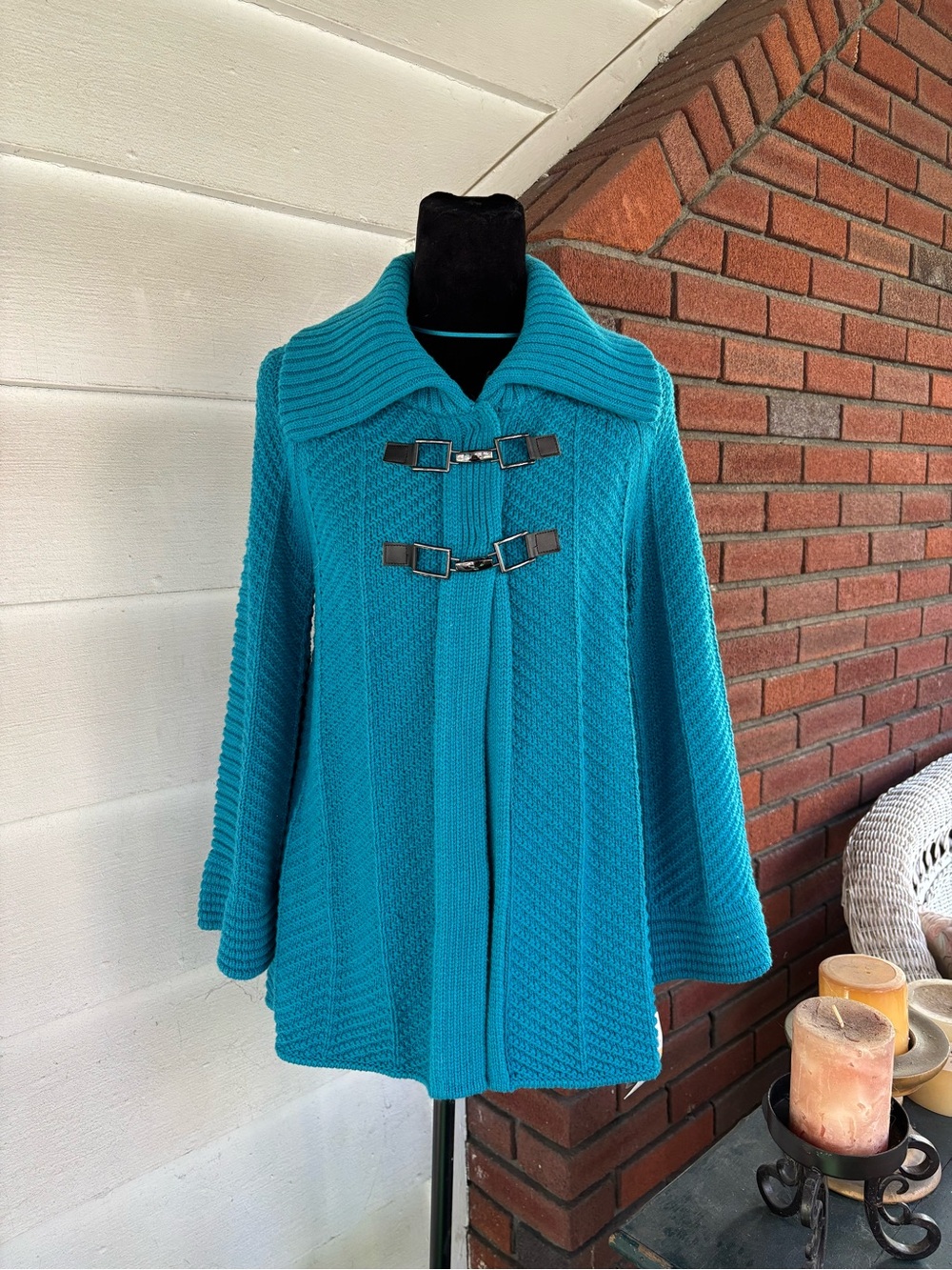 JM Collection Teal Knit Toggle Cape Coat